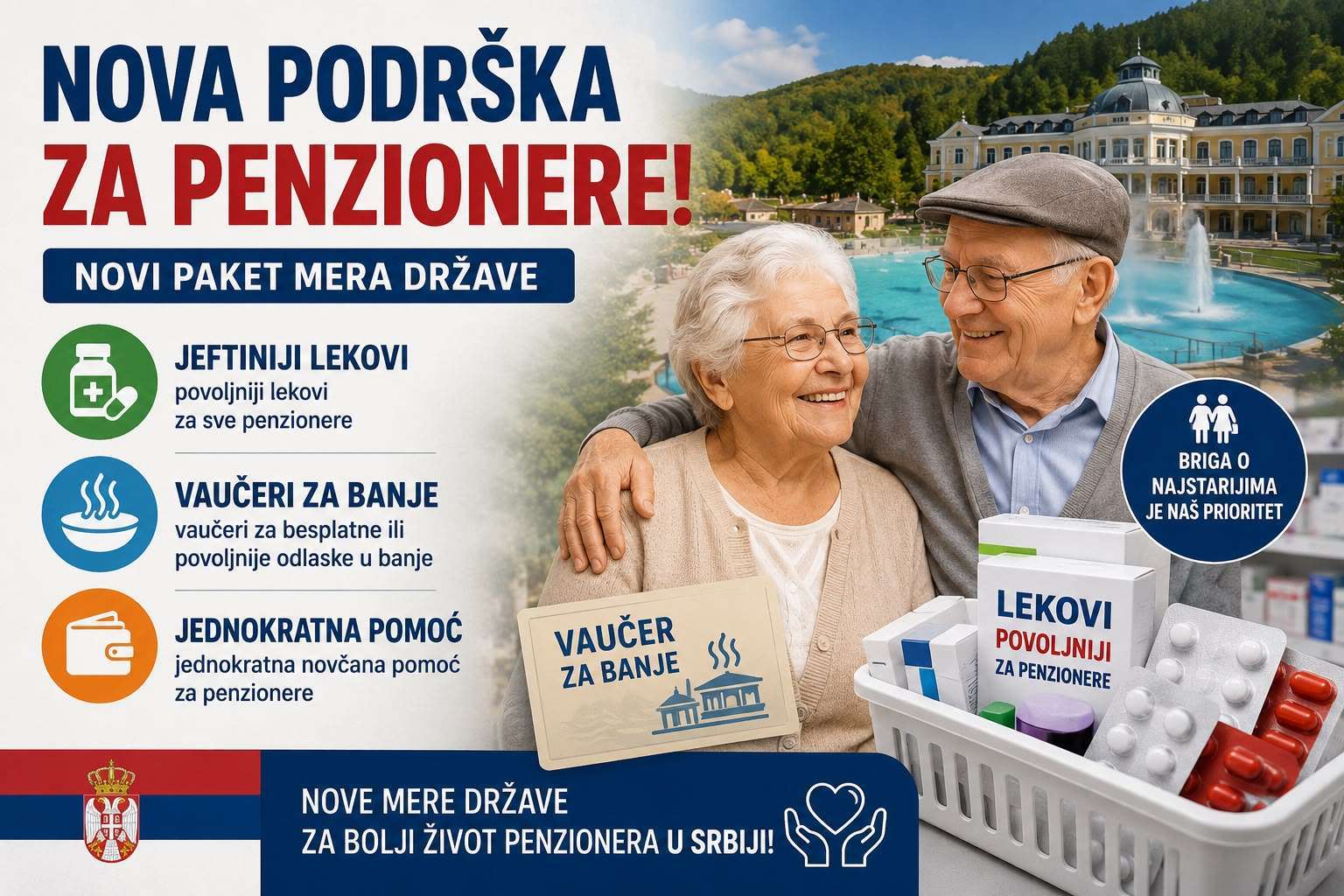 Vučić najavio novi paket za penzionere: Vaučeri za banje, jeftiniji lekovi i jednokratna pomoć Vučić najavio novi paket za penzionere: Vaučeri za banje, jeftiniji lekovi i jednokratna pomoć